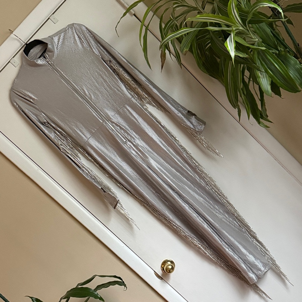 Akira Silver Metallic sequin Fringe Maxi jumpsuit burning man festival cat suit